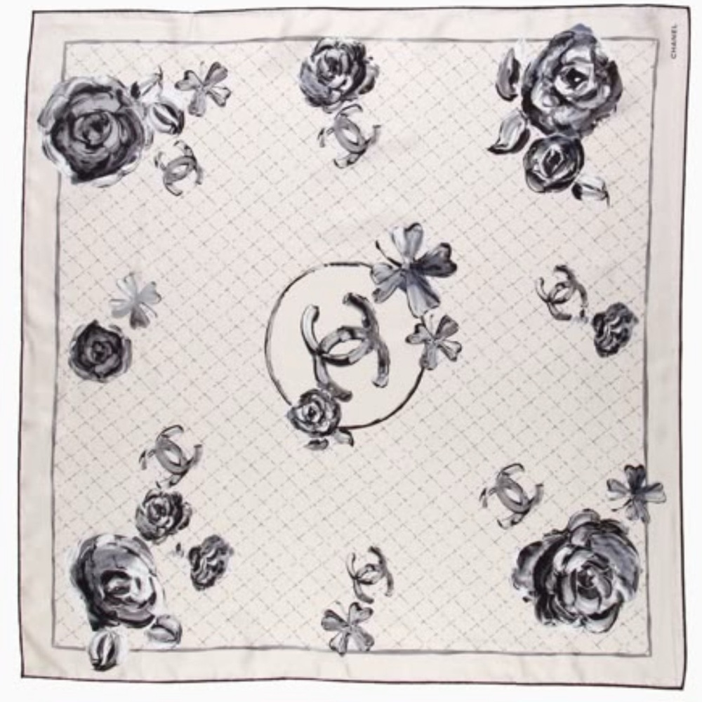 CHANEL floral CC patterned Silk Scarf In Black, Gray & Cream/Beige